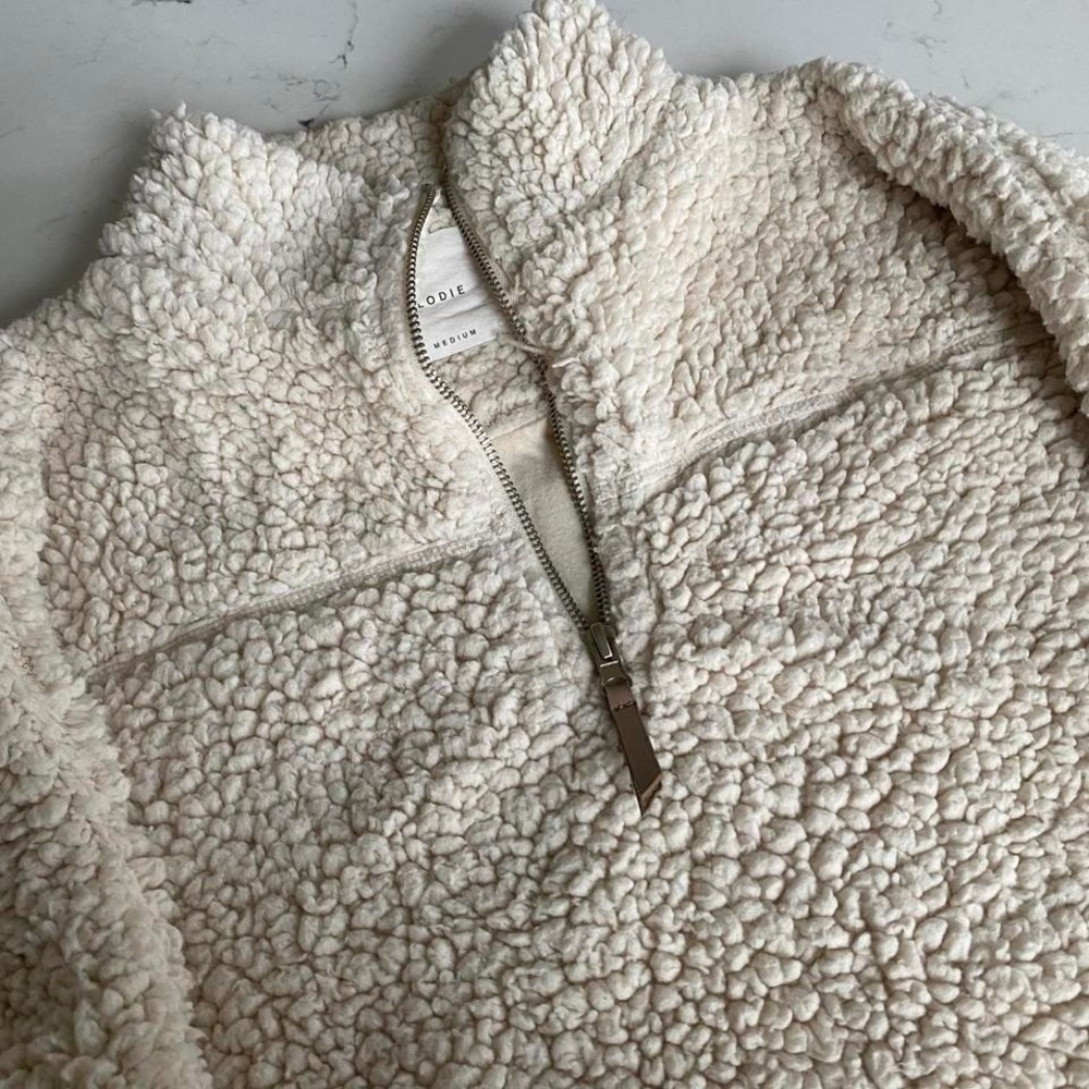 Elodie Cream Sherpa Fleece Quarter Zip Pullover Teddy Jacket Cozy Medium